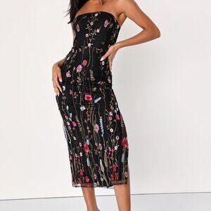 Lulus Bold Botanicals Black Floral Embroidered Strapless Midi Dress - Size M